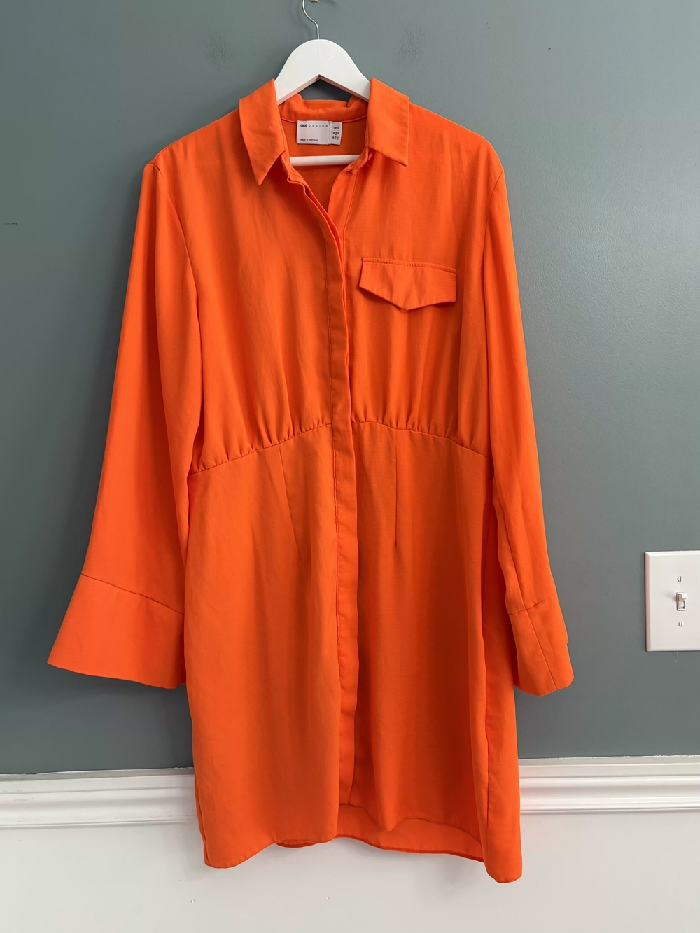 ASOS Bright Orange Long Sleeve Shirt Dress Size 12 Cinched Waist Mini